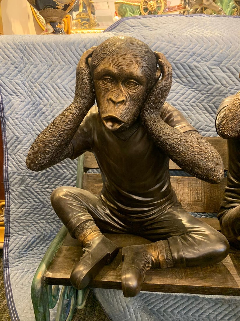 Three wise monkeys on bench large bronze statue bronze - Size: 52" x 32" x 36"H - 10