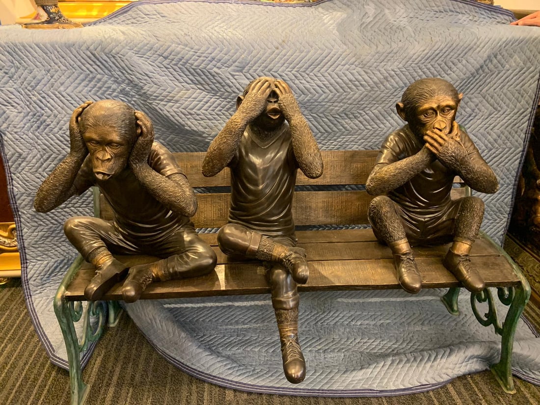 Three wise monkeys on bench large bronze statue bronze - Size: 52" x 32" x 36"H - 11
