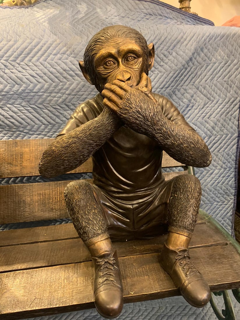 Three wise monkeys on bench large bronze statue bronze - Size: 52" x 32" x 36"H - 12