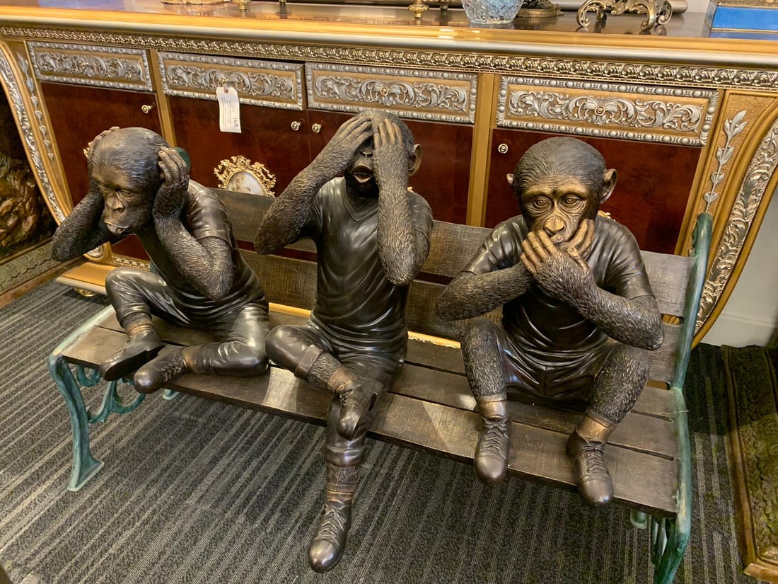 Three wise monkeys on bench large bronze statue bronze - Size: 52" x 32" x 36"H - 3