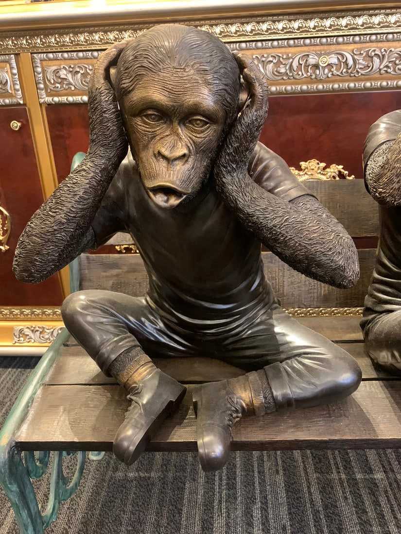 Three wise monkeys on bench large bronze statue bronze - Size: 52" x 32" x 36"H - 4