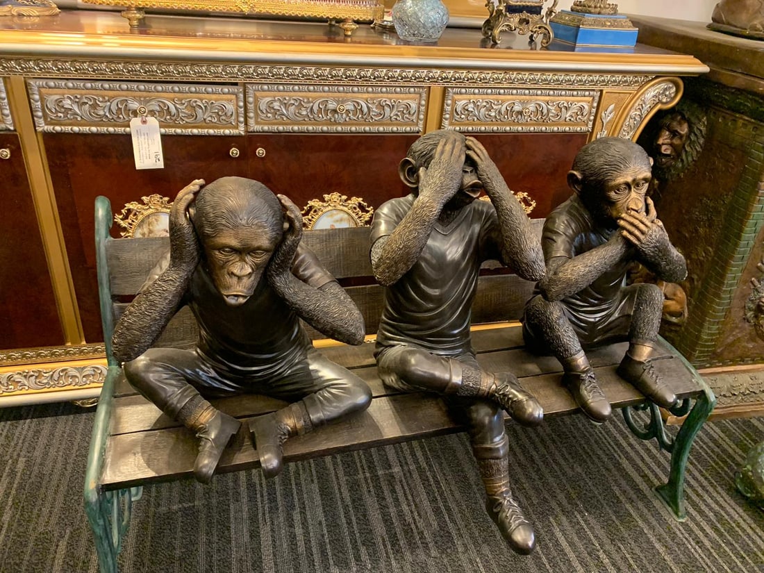 Three wise monkeys on bench large bronze statue bronze - Size: 52" x 32" x 36"H - 5