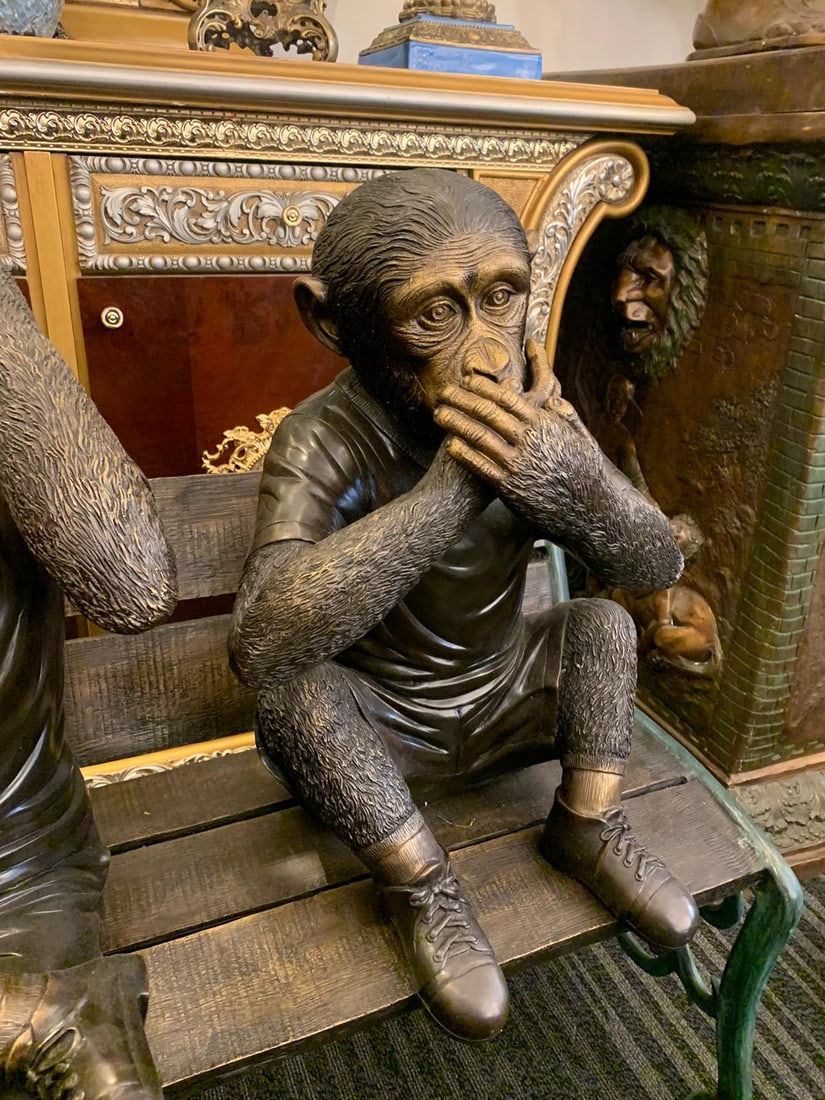 Three wise monkeys on bench large bronze statue bronze - Size: 52" x 32" x 36"H - 6