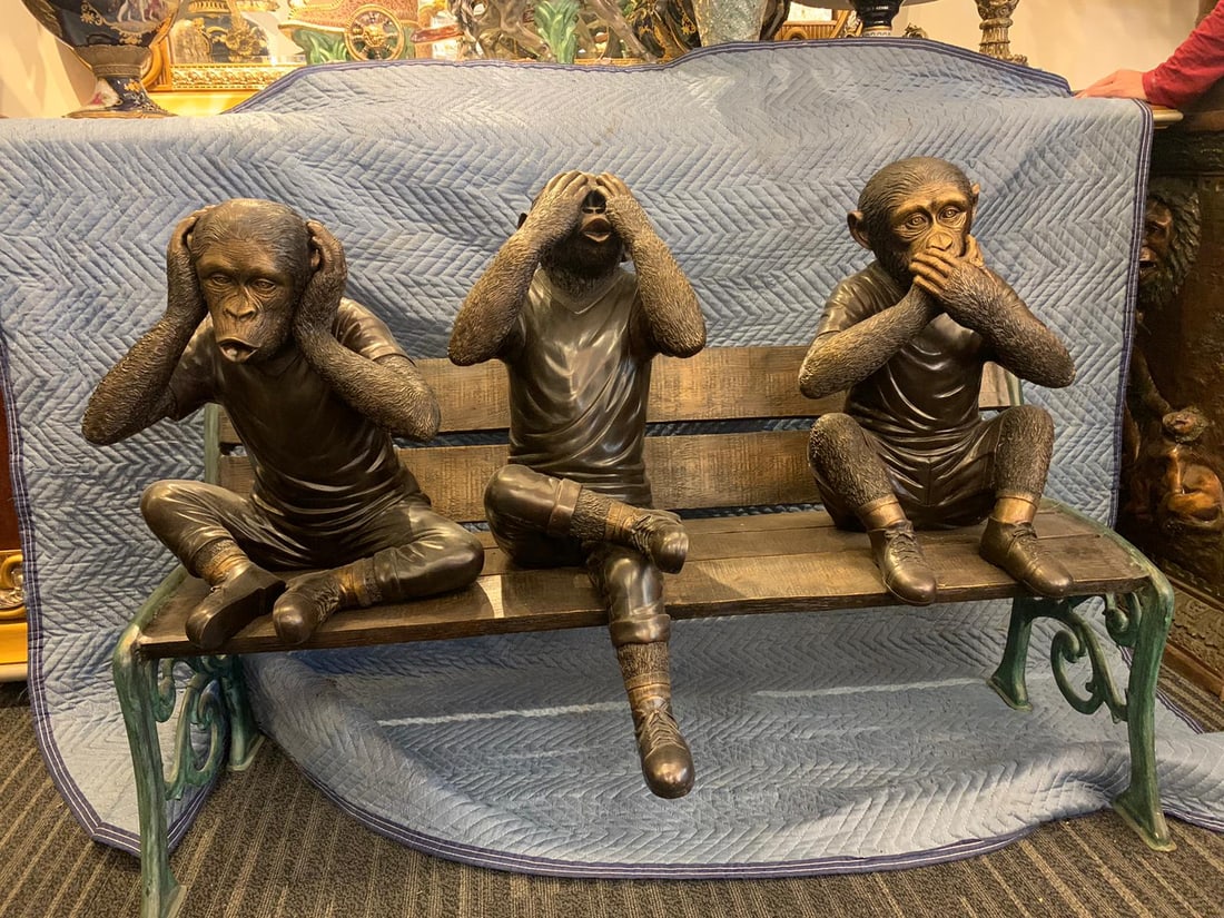 Three wise monkeys on bench large bronze statue bronze - Size: 52" x 32" x 36"H - 8