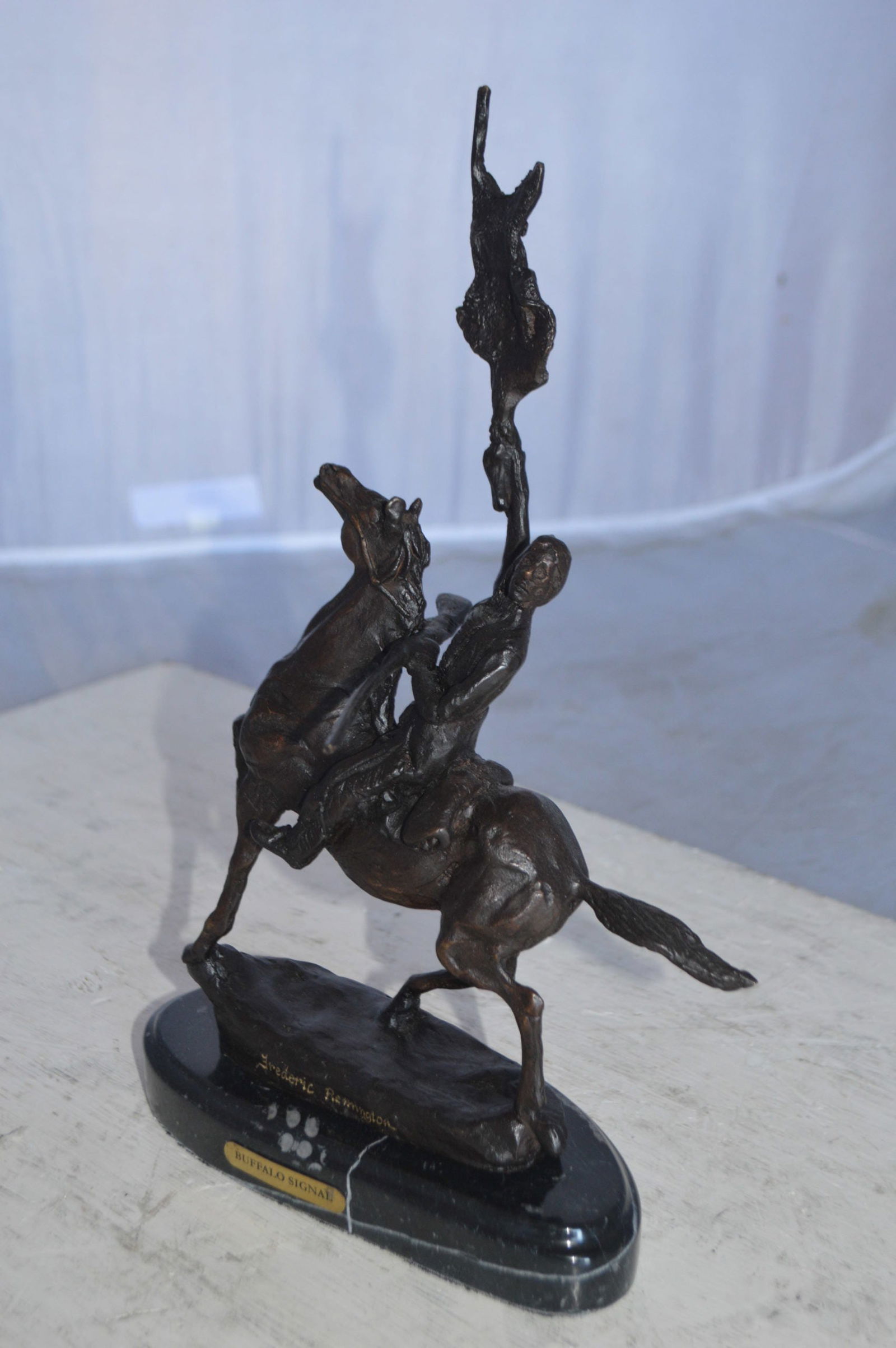 Buffalo Signal Bronze Statue by Remington 13H - Size: 8"L x 3"W x 13"H. - 13
