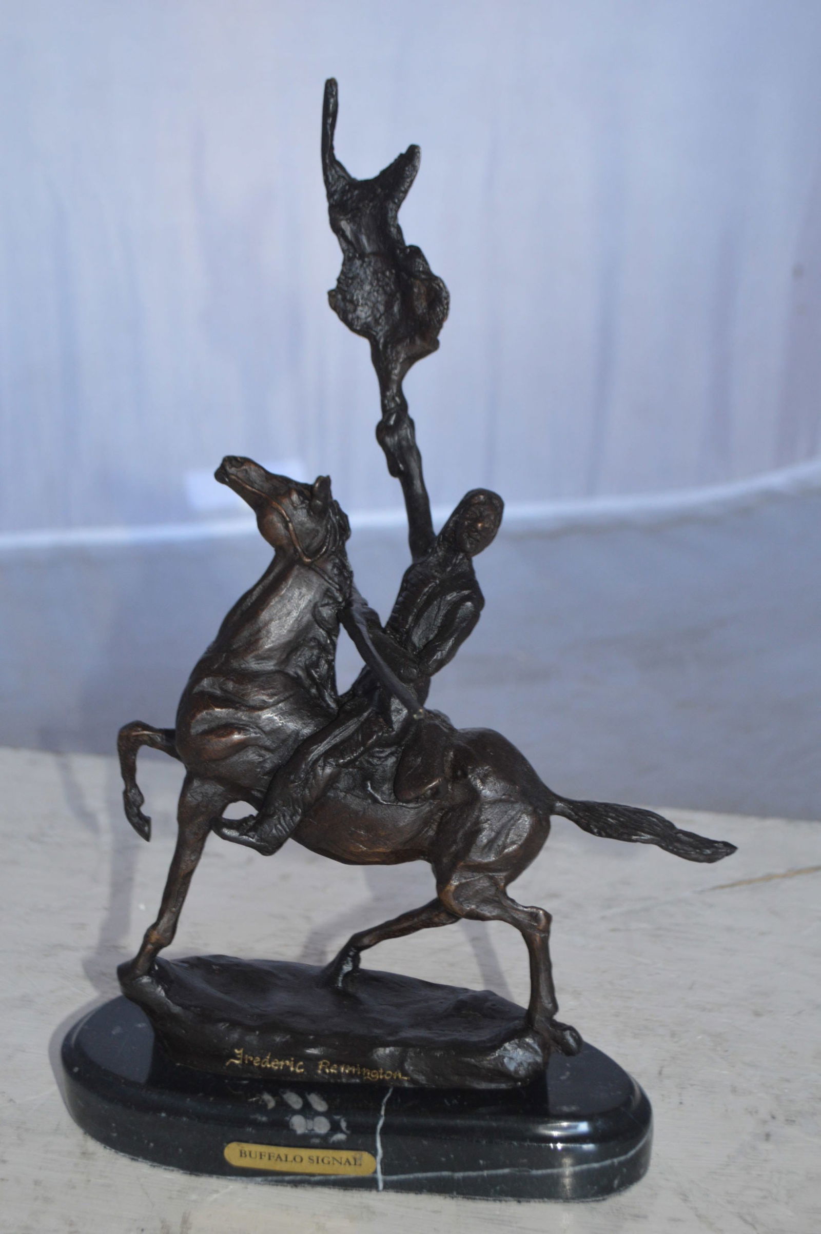 Buffalo Signal Bronze Statue by Remington 13H - Size: 8"L x 3"W x 13"H. - 14