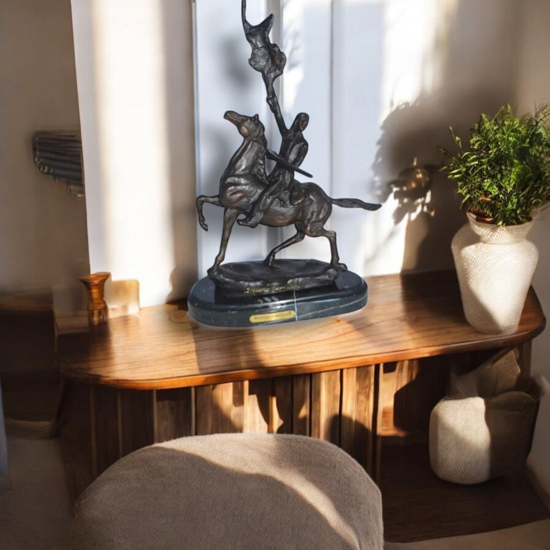 Buffalo Signal Bronze Statue by Remington 13H - Size: 8"L x 3"W x 13"H. - 2