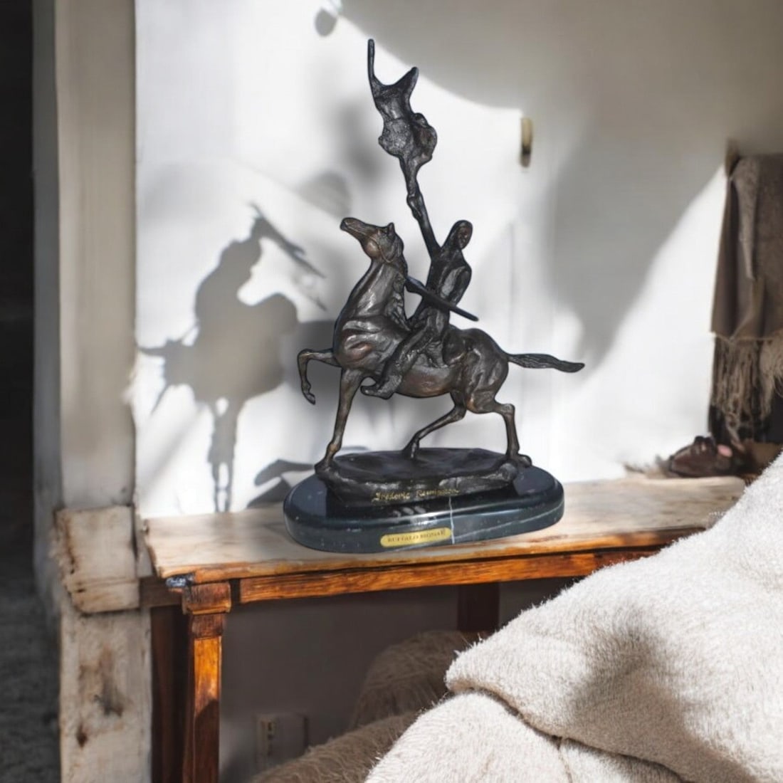 Buffalo Signal Bronze Statue by Remington 13H - Size: 8"L x 3"W x 13"H. - 3