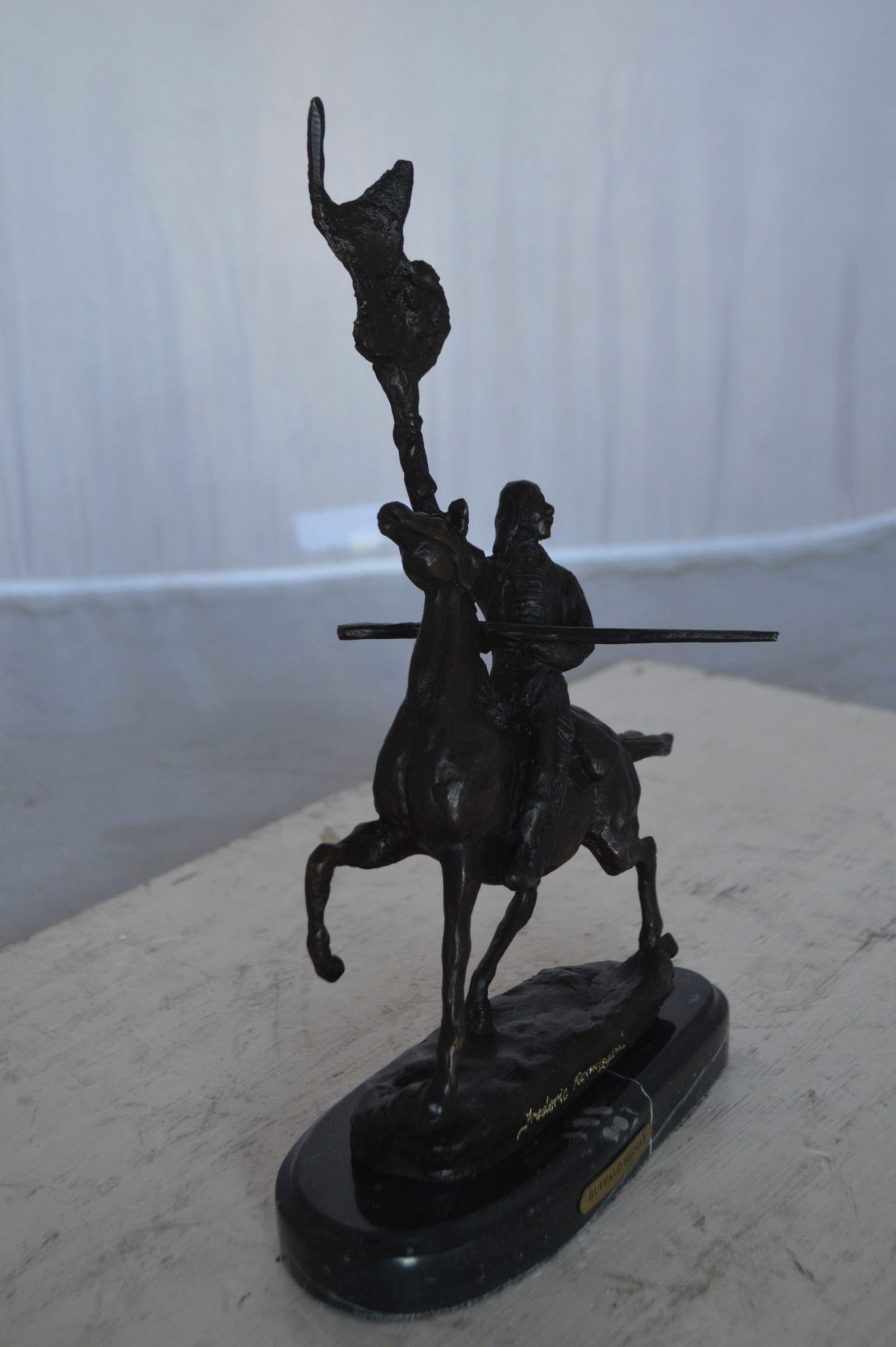 Buffalo Signal Bronze Statue by Remington 13H - Size: 8"L x 3"W x 13"H. - 7