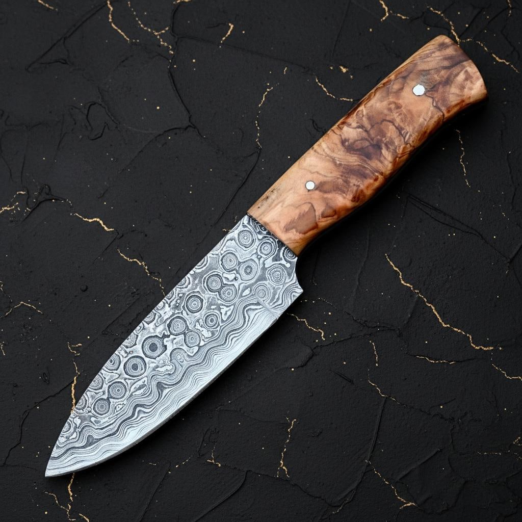 Hand Forged Rain Drop Damascus Steel Skinner Knife with Custom Wood Handle - 3
