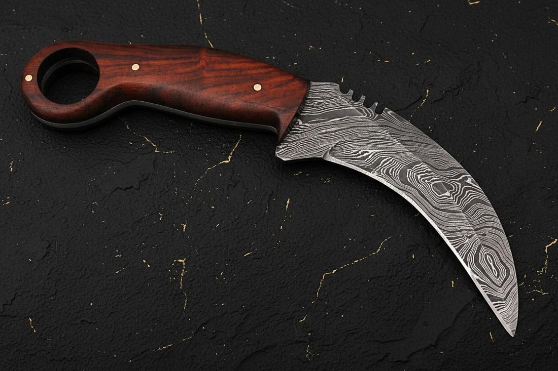 Custom Forged Damascus Karambit, 9-inch Fixed Blade Hunting Knife with Wood Handle - 3