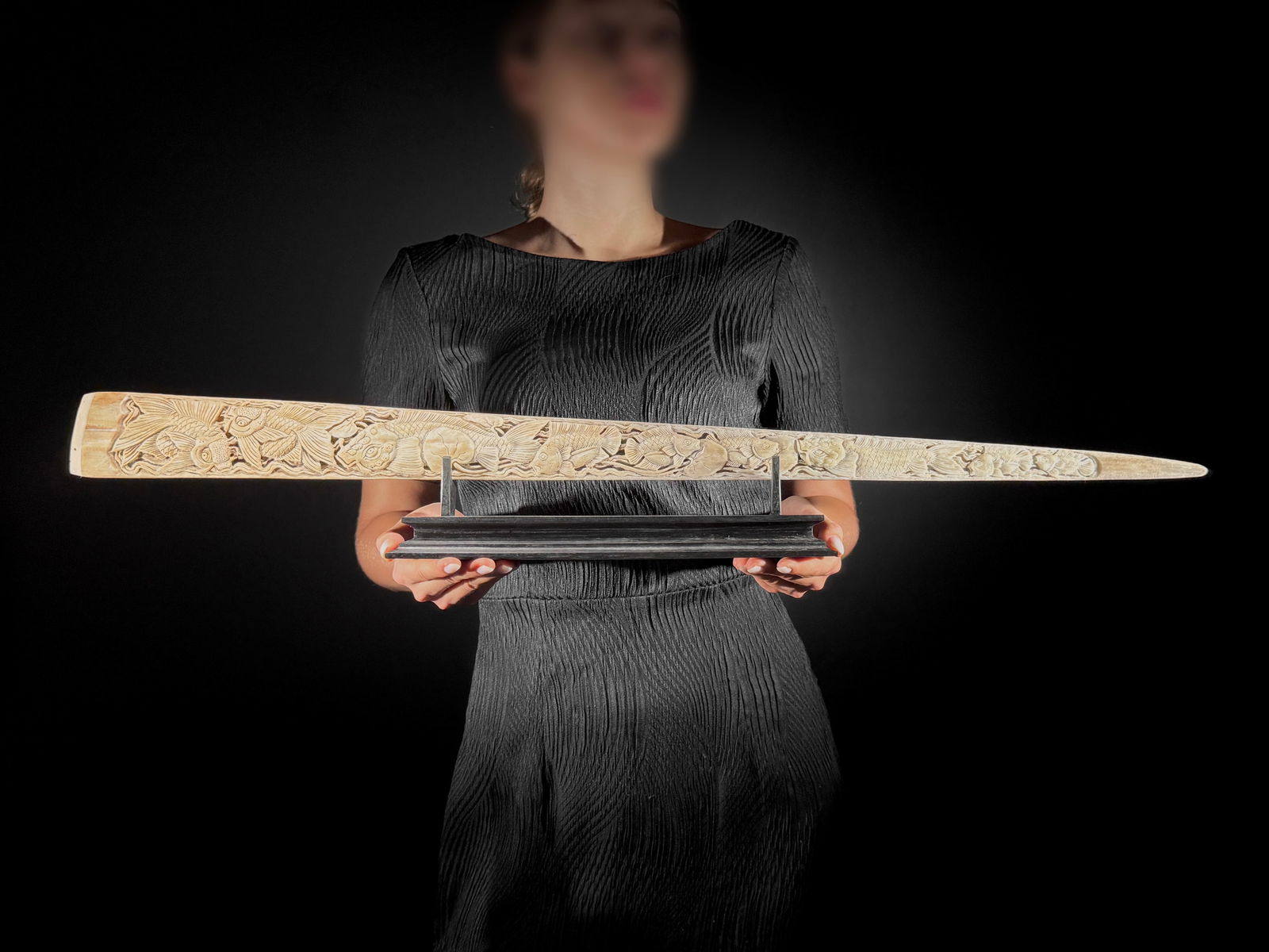 Wonderful large carved swordfish tusk - Japanese koi motif (1 of 10)