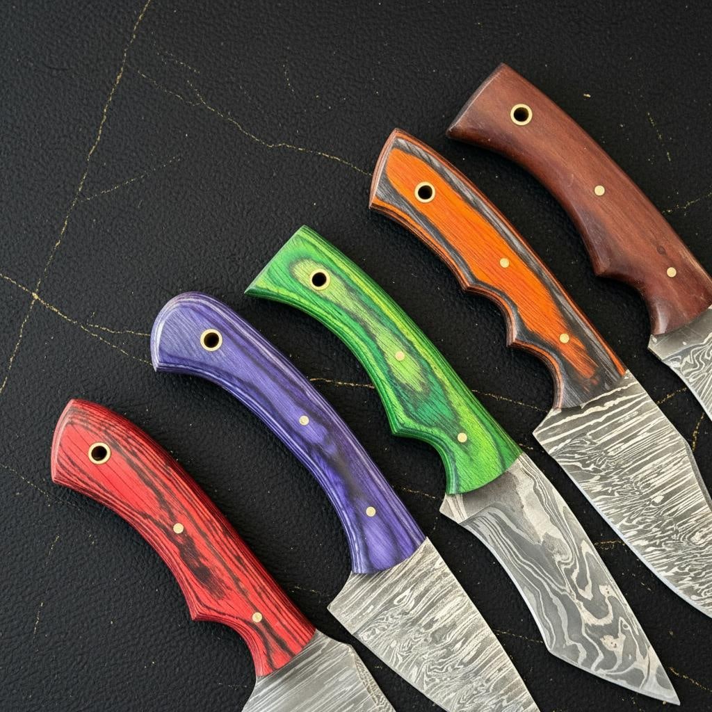 Set of 10 Hunting Knives, Hand Forged Damascus Steel, Skinner Blade, Pakka Wood Handle - 5