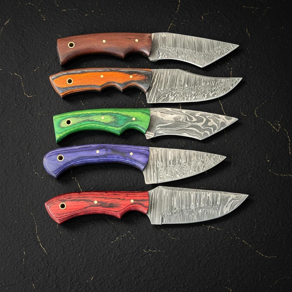 Set of 10 Hunting Knives, Hand Forged Damascus Steel, Skinner Blade, Pakka Wood Handle - 7