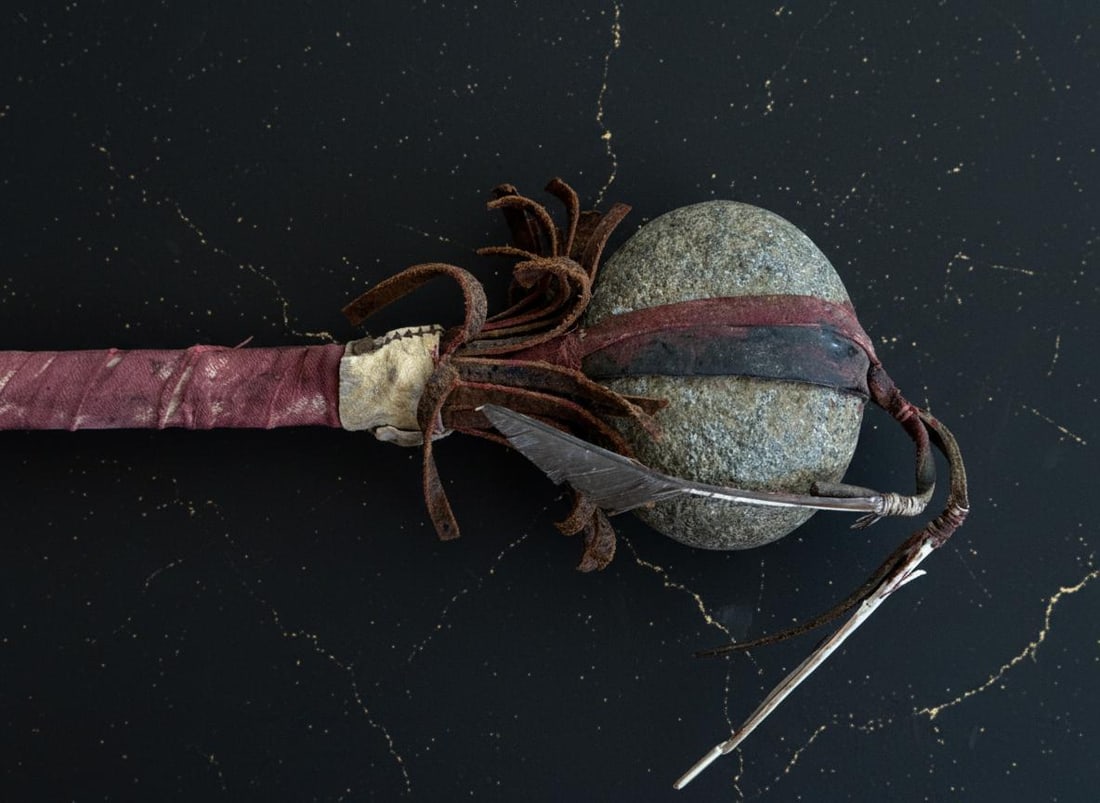 15" Antique Sioux Skull Cracker Club Painted Stone Rawhide Native American Tomahawk - 5