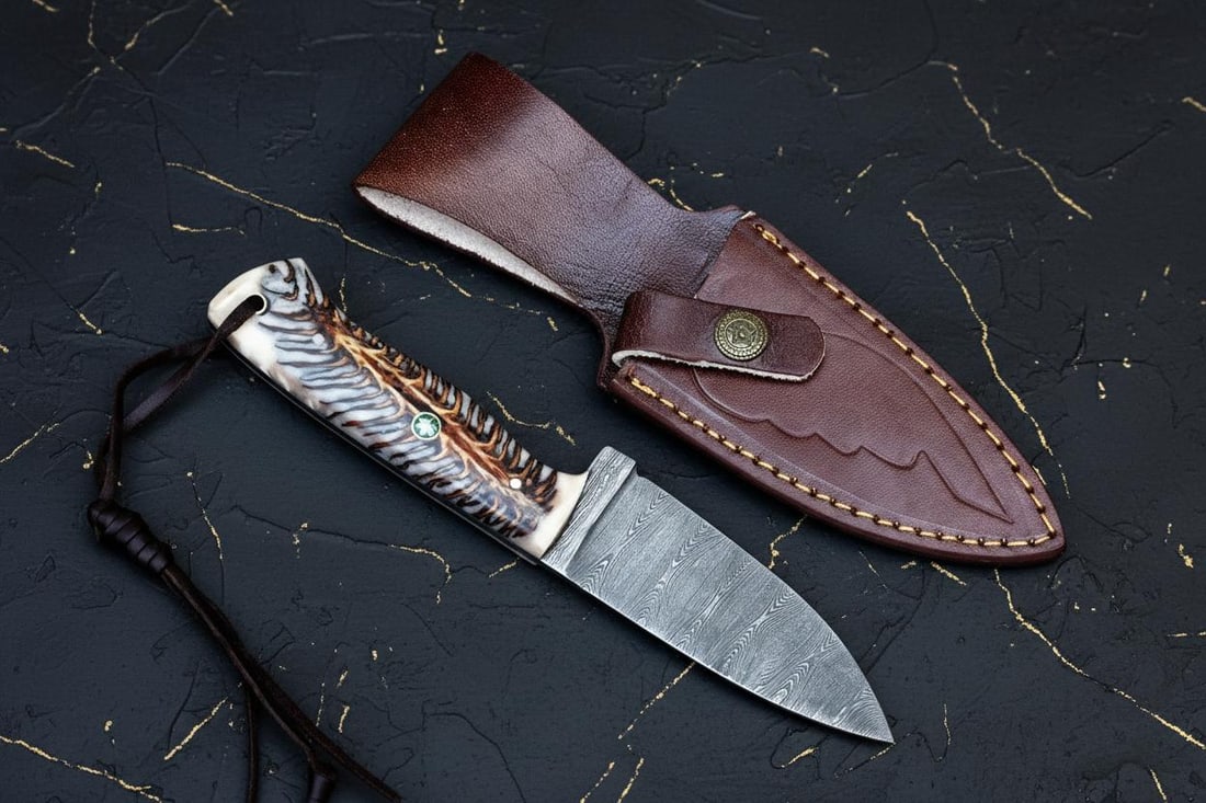 Damascus Steel Hunting Knife with PineCone Handle, Hand Forged Tactical Fixed Blade - 3