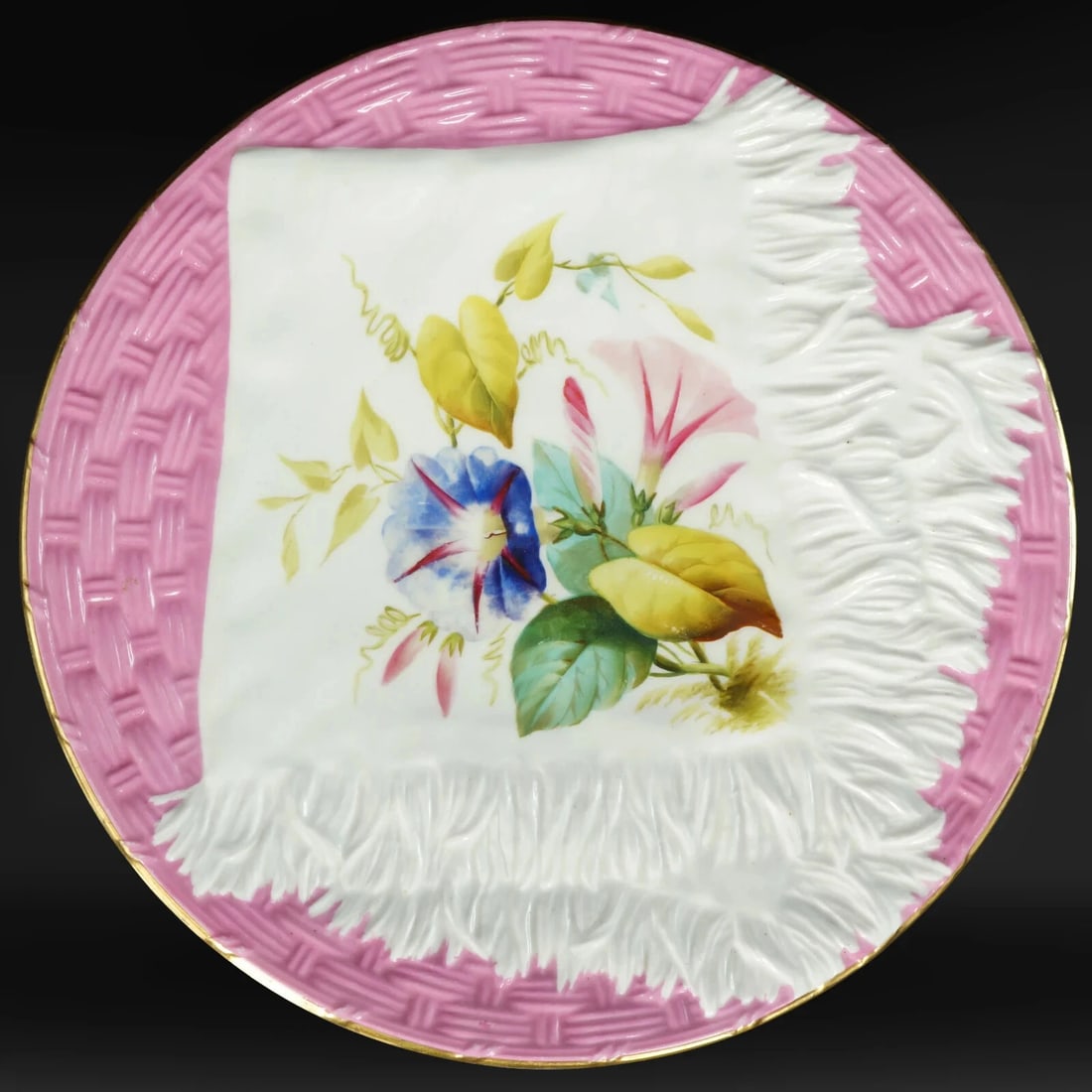 Victorian English Cabinet Plate Hand Painted: Title:Victorian English Cabinet Plate Hand PaintedSize:9 3/8 in (23.7 cm) diameter x 7/8 in (2.2 cm) deep.Description:A colorful, delicate, hand painted Victorian cabinet plate that has a design of