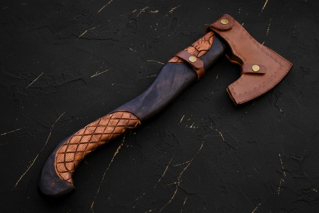 Hand Forged Bearded Viking Axe, Carbon Steel Throwing Tomahawk with Engraved Ash Handle - 11