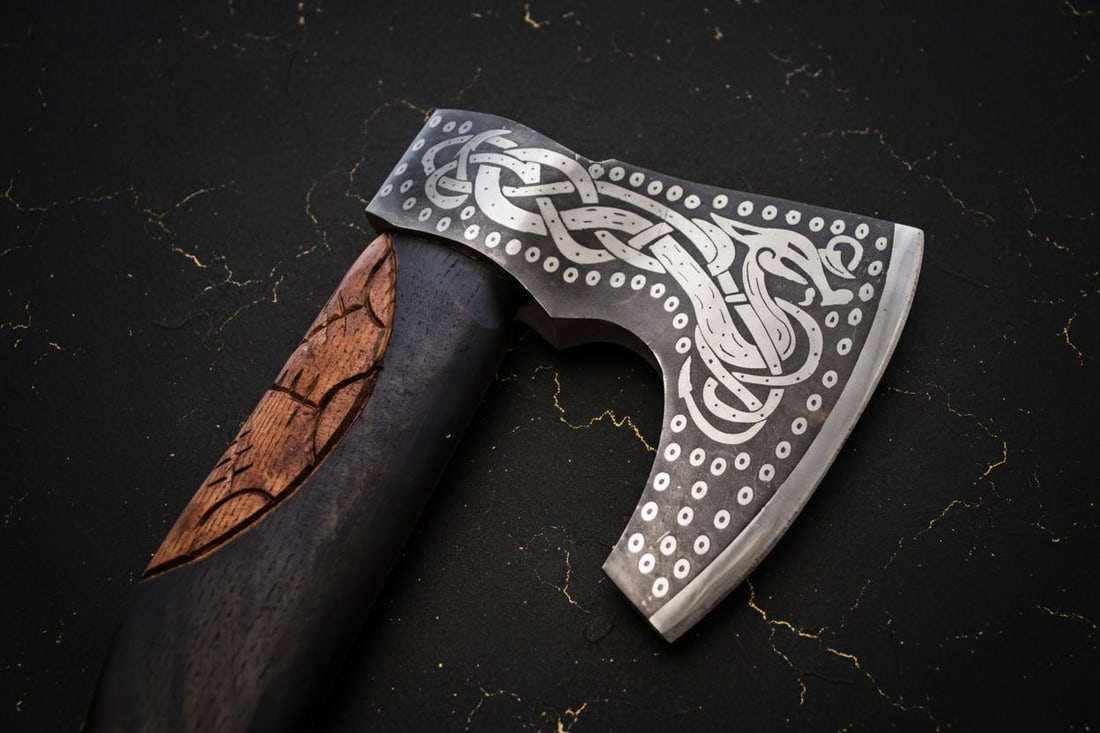 Hand Forged Bearded Viking Axe, Carbon Steel Throwing Tomahawk with Engraved Ash Handle - 7