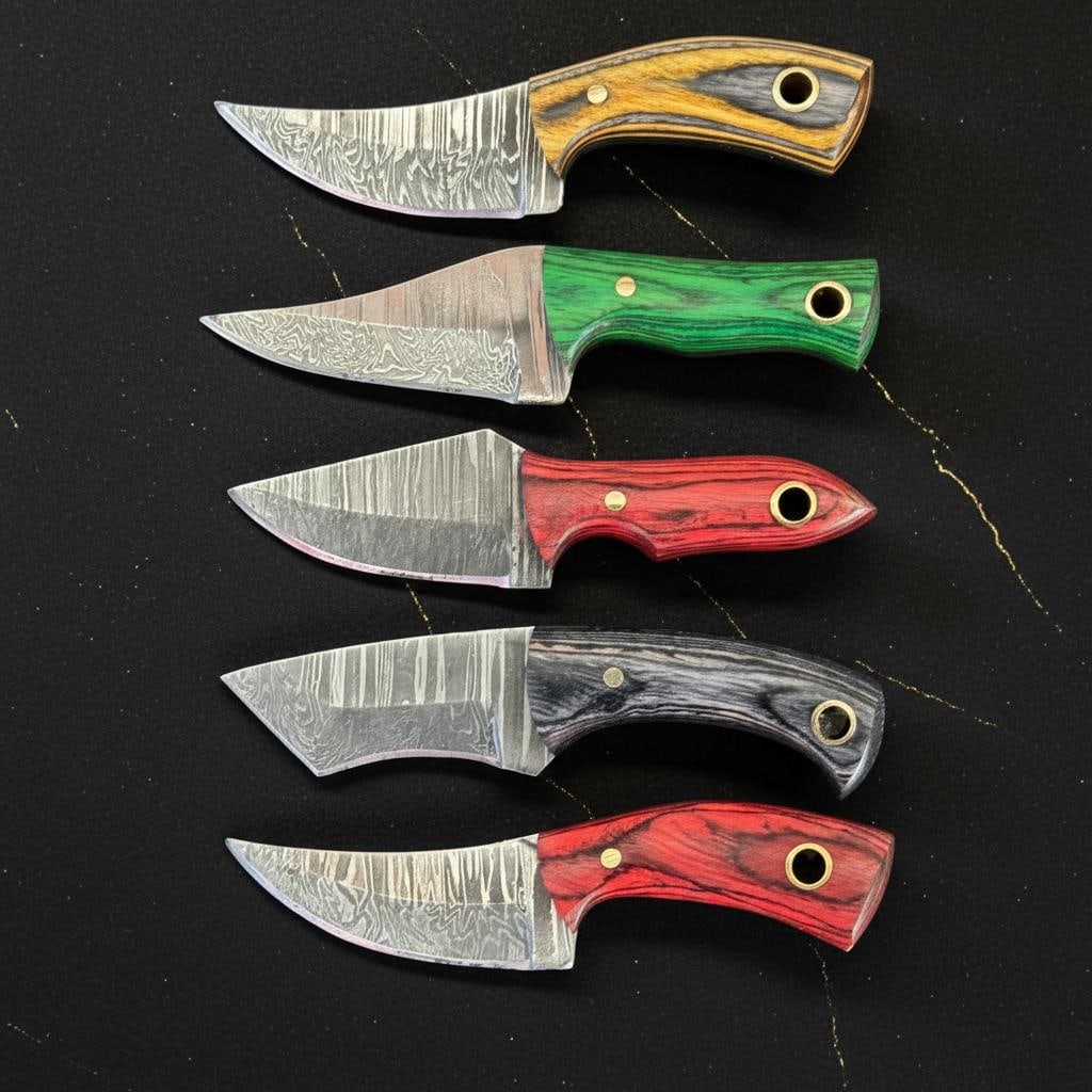 10pc Damascus Steel Skinner Knife Lot, Hand Forged Hunting Blades, Pakka Wood Handles - 3