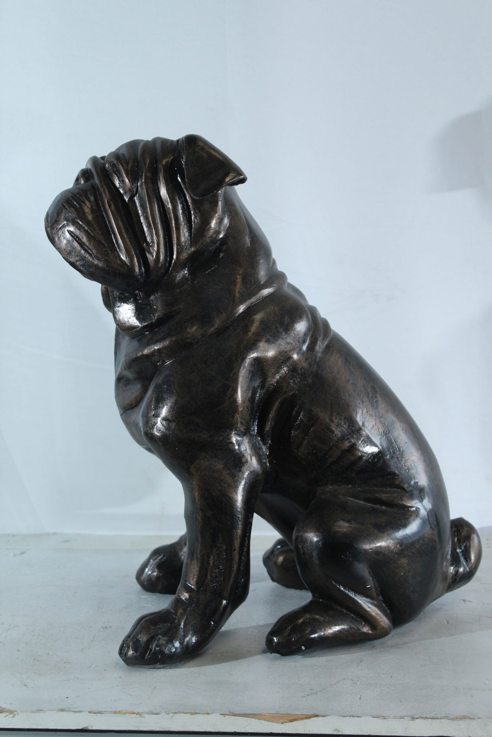 Aluminum Bulldog Statue with Sitting Pose and Wrinkled Detailing - Bronze-Style Pet Lover Sculpture - 12
