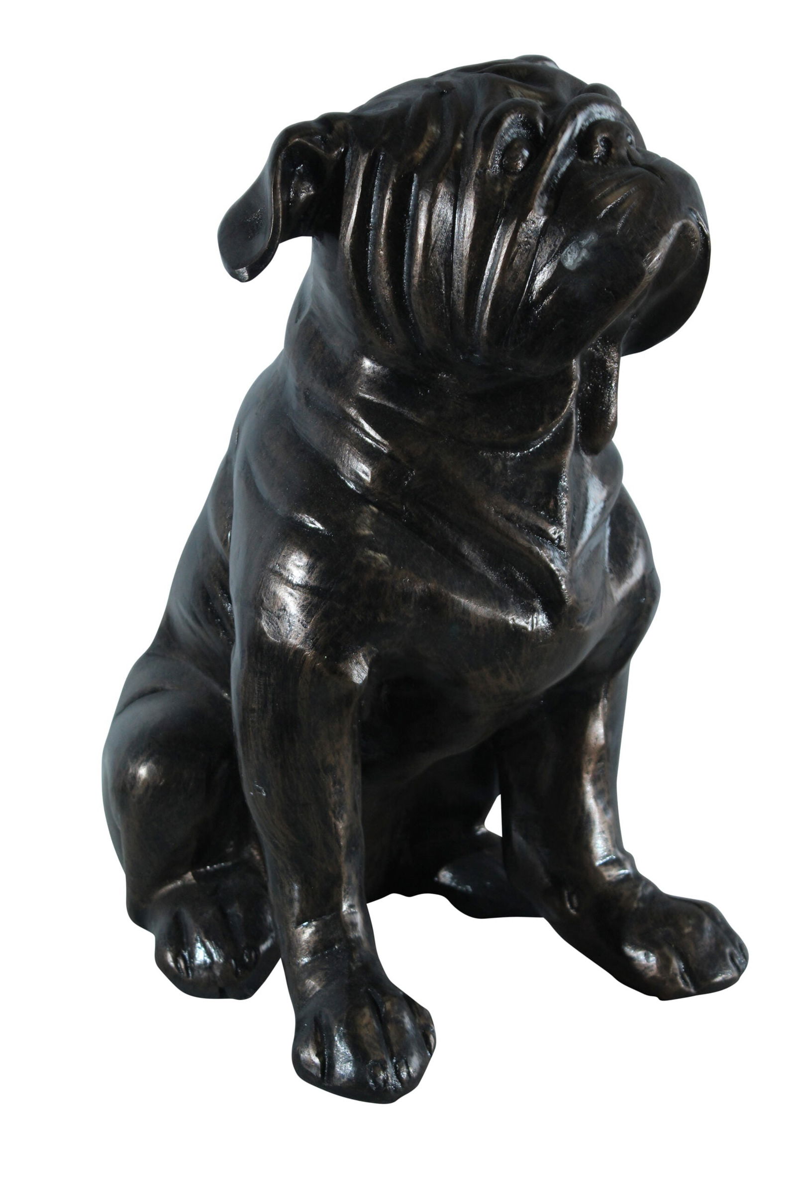 Aluminum Bulldog Statue with Sitting Pose and Wrinkled Detailing - Bronze-Style Pet Lover Sculpture: Title:Aluminum Bulldog Statue with Sitting Pose and Wrinkled Detailing - Bronze-Style Pet Lover Sculpture for Indoor & Outdoor Decor - 21" x 11" x 23"HDescription:This aluminum bulldog statue