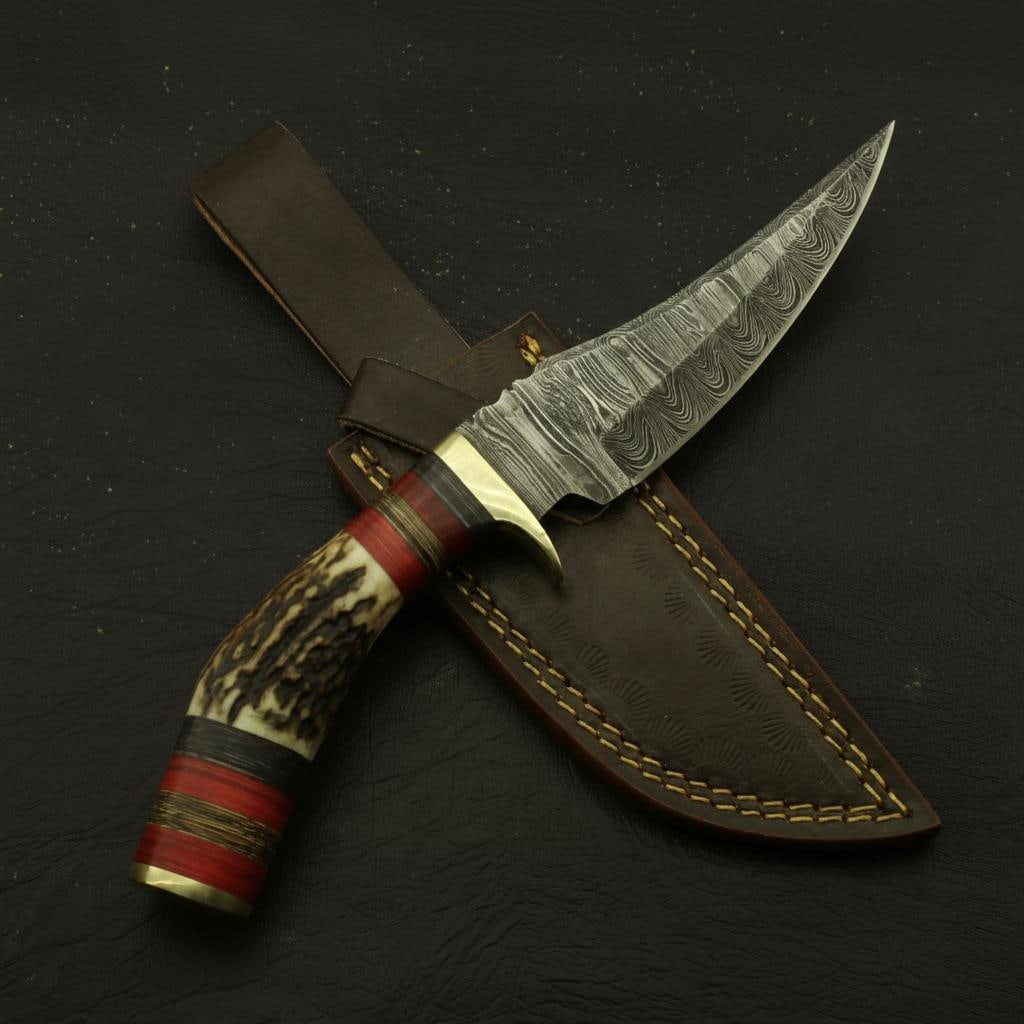 Hand Forged Damascus Steel Hunting Knife with Genuine Stag Antler Handle - 4
