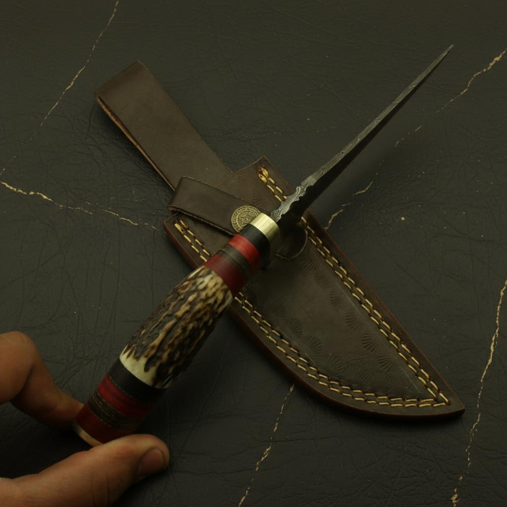 Hand Forged Damascus Steel Hunting Knife with Genuine Stag Antler Handle - 5