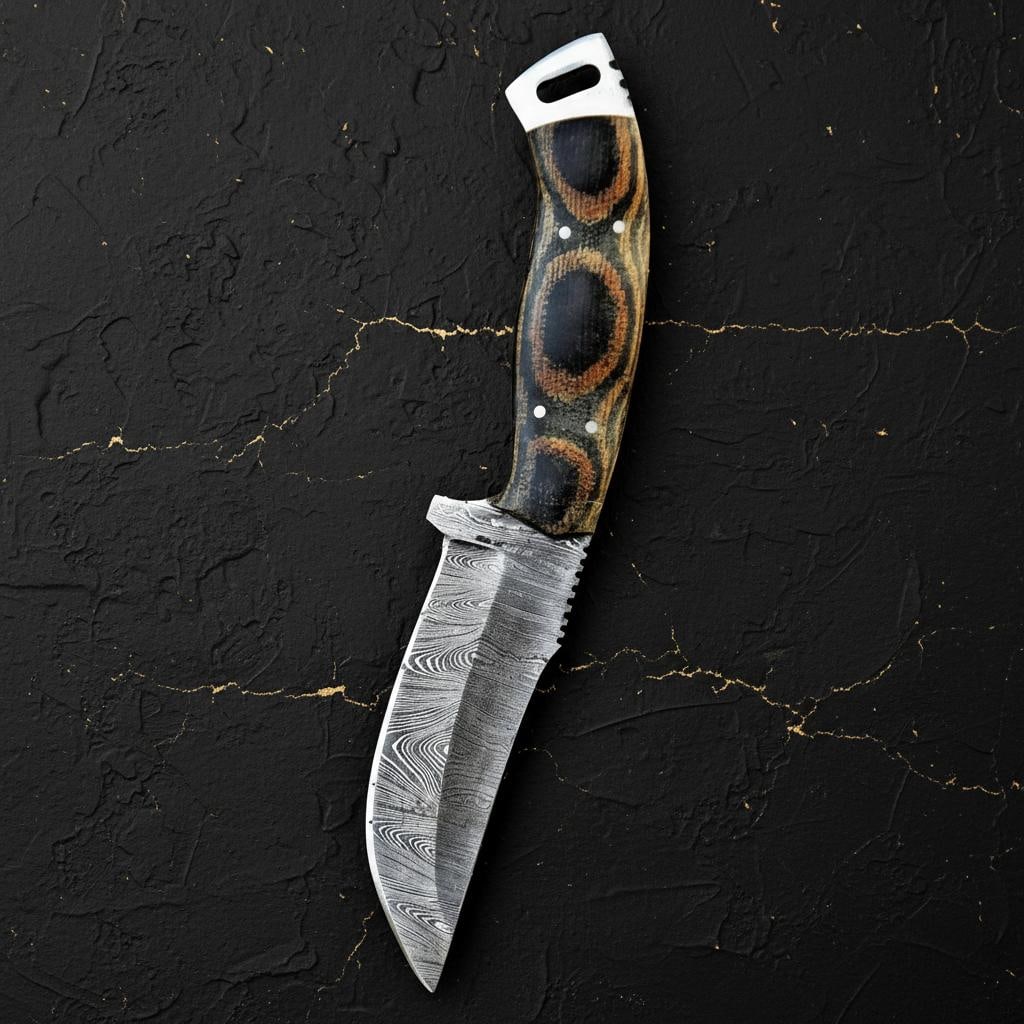 Hand Forged Damascus Hunting Knife, 9-inch Custom Full Tang Blade with Micarta Handle: Title:Hand Forged Damascus Hunting Knife, 9-inch Custom Full Tang Blade with Micarta HandleDescription:This custom hand-forged hunting knife features a durable full tang construction for exceptional