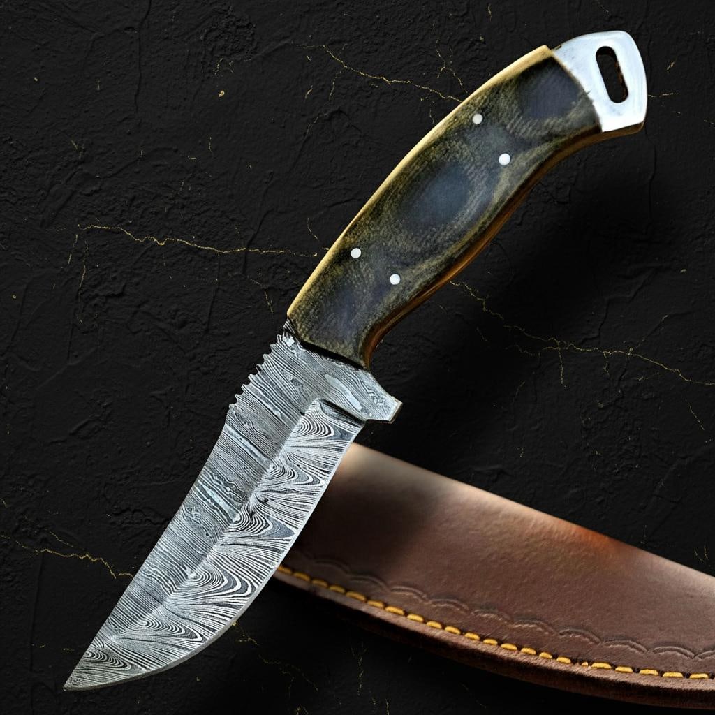 Hand Forged Damascus Hunting Knife, 9-inch Custom Full Tang Blade with Micarta Handle - 2