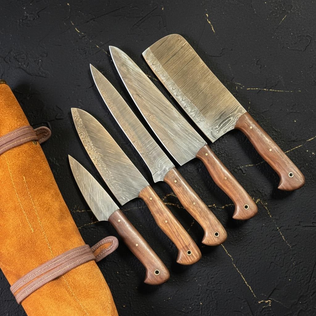 5pc Hand Forged Damascus Steel Chef Knife Set Full Tang with Pakka Wood Handles: Title:5pc Hand Forged Damascus Steel Chef Knife Set Full Tang with Pakka Wood HandlesDescription:This is a professionally crafted 5-piece chef knife set, designed for durability and performance. Each