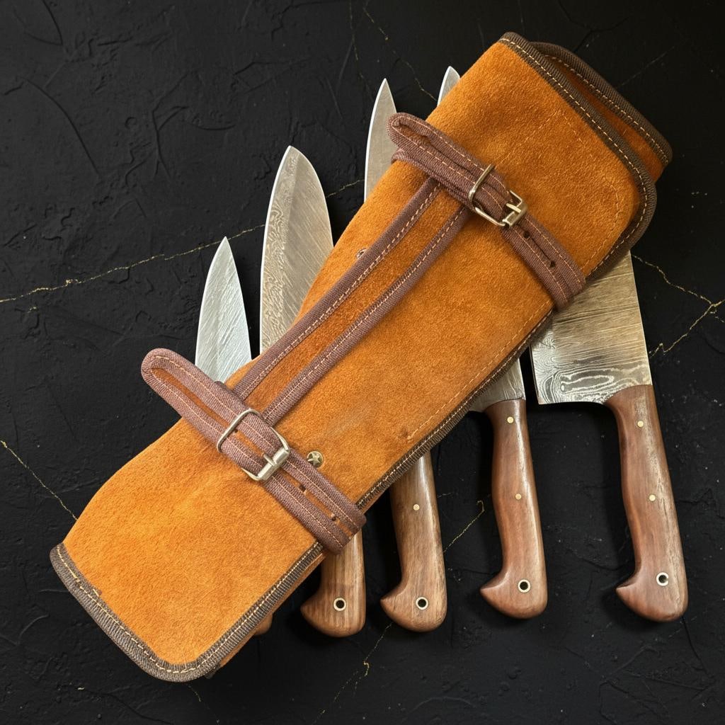 5pc Hand Forged Damascus Steel Chef Knife Set Full Tang with Pakka Wood Handles - 2