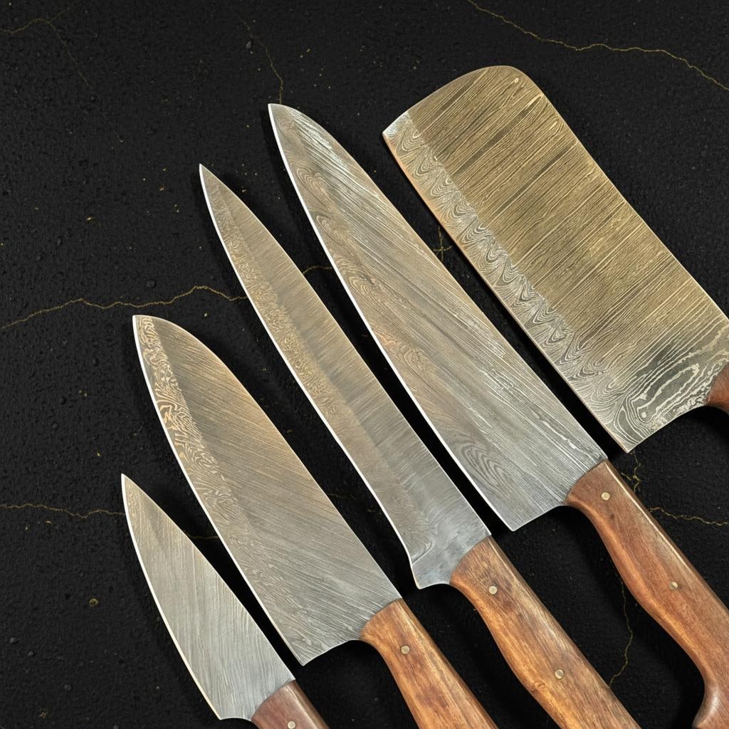 5pc Hand Forged Damascus Steel Chef Knife Set Full Tang with Pakka Wood Handles - 3