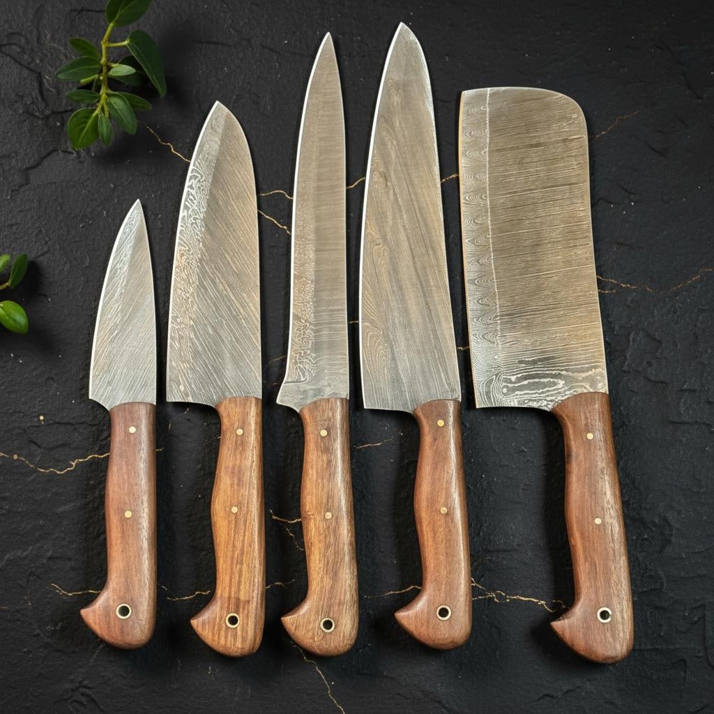 5pc Hand Forged Damascus Steel Chef Knife Set Full Tang with Pakka Wood Handles - 5