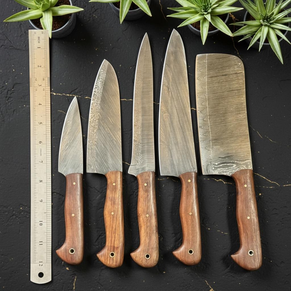 5pc Hand Forged Damascus Steel Chef Knife Set Full Tang with Pakka Wood Handles - 6