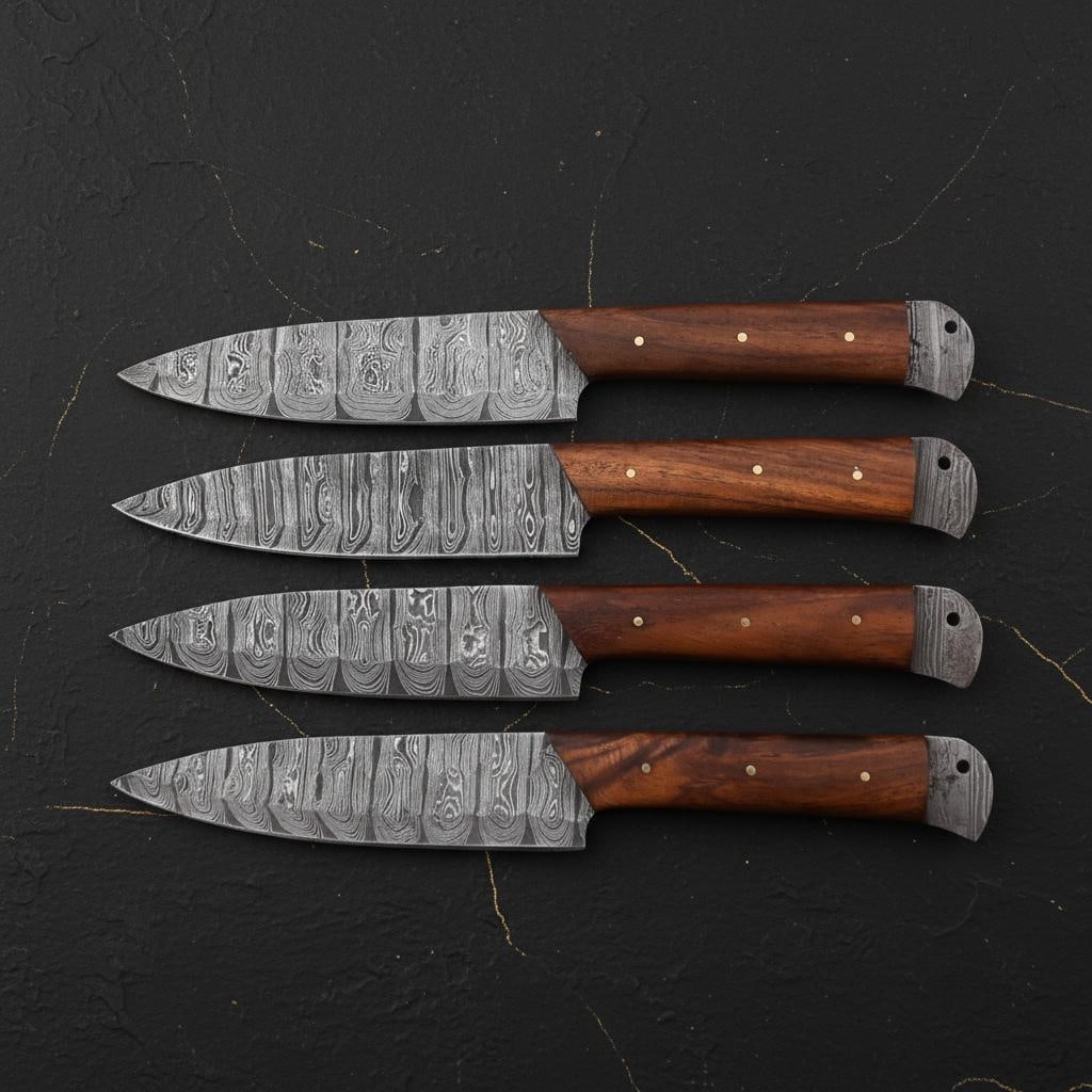 Hand Forged Damascus Steel Steak Knife Set of 4 with Rosewood Handles for Kitchen: Title:Hand Forged Damascus Steel Steak Knife Set of 4 with Rosewood Handles for KitchenDescription:Experience fine dining with this exquisite set of four handmade steak knives, meticulously