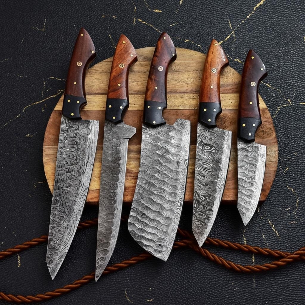 Hand Forged 5-Piece Damascus Steel Knife Set, Custom Kitchen Chef Knives with Sheath: Title:Hand Forged 5-Piece Damascus Steel Knife Set, Custom Kitchen Chef Knives with SheathDescription:Discover this custom, hand-forged five-piece kitchen knife set. Each blade is crafted from 512