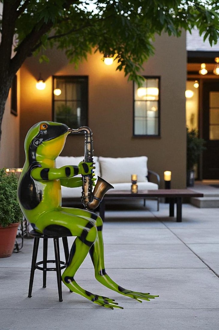 Green frog playing saxophone bronze statue - Size: 23"L x 15"W x 30"H. - 2