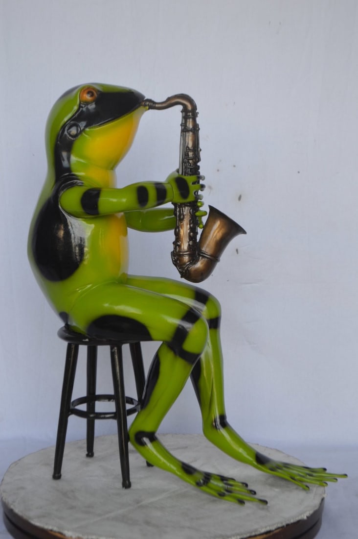 Green frog playing saxophone bronze statue - Size: 23"L x 15"W x 30"H. - 8