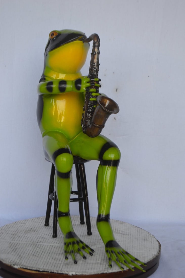 Green frog playing saxophone bronze statue - Size: 23"L x 15"W x 30"H. - 9