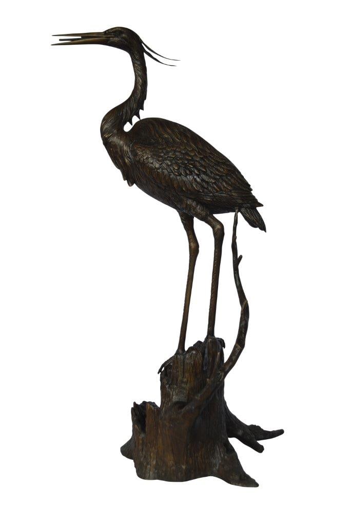 Great blue heron perched bronze statue Fountain - Size: 22"L x 21"W x 49"H.: Title:Great blue heron perched bronze statue Fountain - Size: 22"L x 21"W x 49"H.Description:Surprise your garden guests with this life size outdoor/indoor Bronze fountain Statue of a Great blue