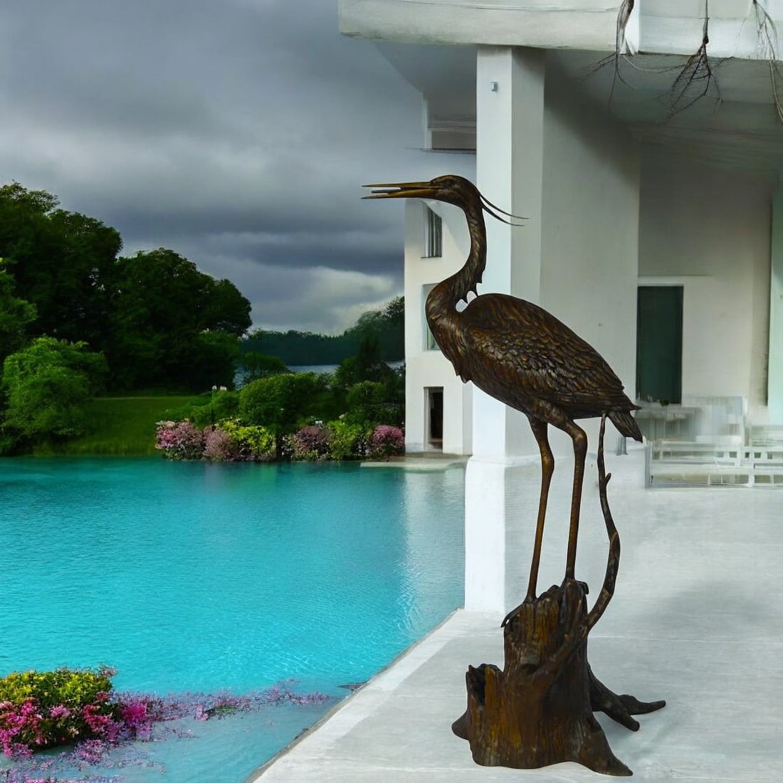 Great blue heron perched bronze statue Fountain - Size: 22"L x 21"W x 49"H. - 3