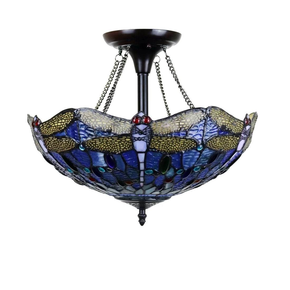 16" Dragonfly Stained Glass Semi Flush Ceiling Uplight - 4