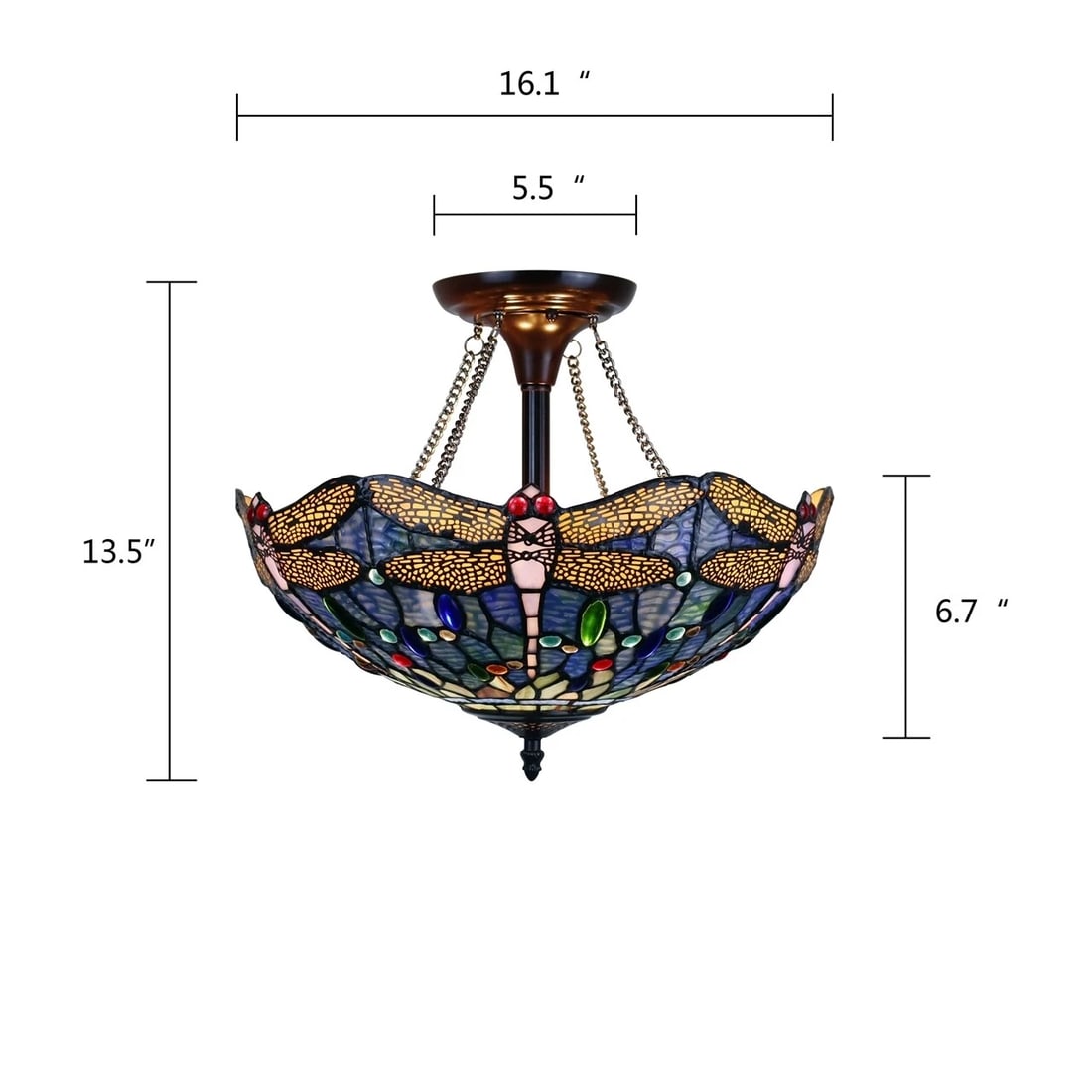 16" Dragonfly Stained Glass Semi Flush Ceiling Uplight - 9