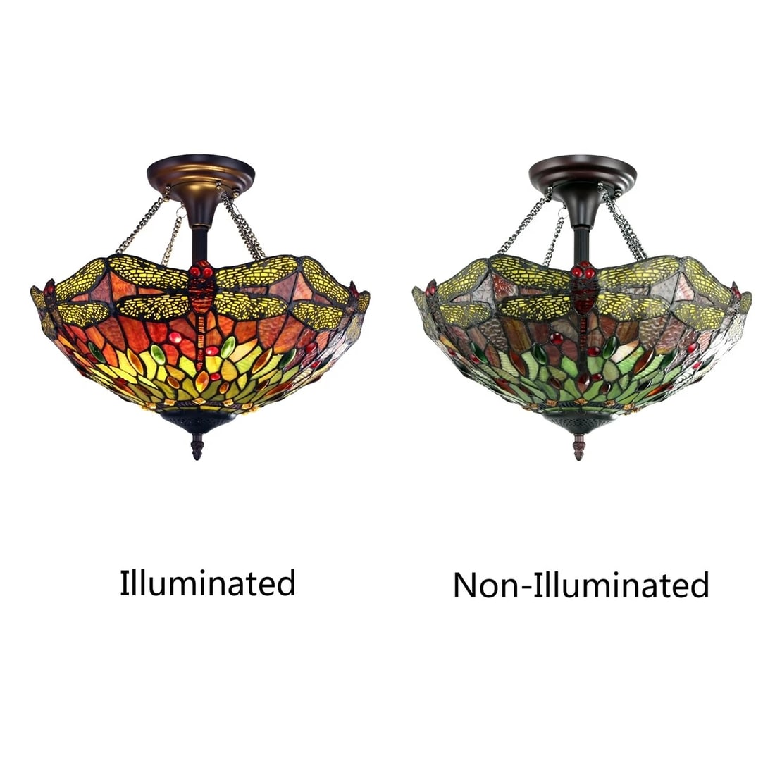 16" Dragonfly Stained Glass Semi Flush Ceiling Uplight - 5