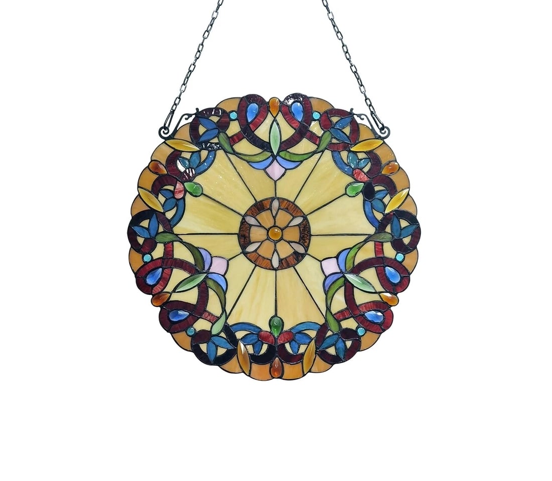 20" Round Stained Glass Window Hanging Panel Suncatcher: Description 20" Wide Such a wonderful reproduction stained glass window panel. This panel is a true testament to the beauty and craftsmanship of stained glass art, and it is the perfect addition to