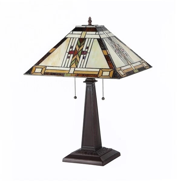 23.2" Stained Glass Mission Table Lamp: 23.2" x 16" (2) 100 watt max bulb. Wonderful reproduction stained glass lamp. This lamp combines traditional craftsmanship with modern functionality. The technique used to make this lamp are the same