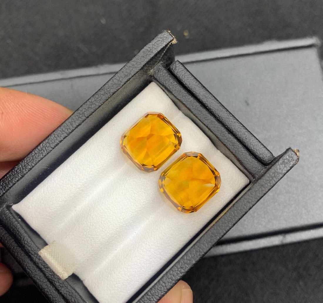 Madeira Citrine Gem Pair: 17.18 ct Orange Cushion Cut Stones - 9