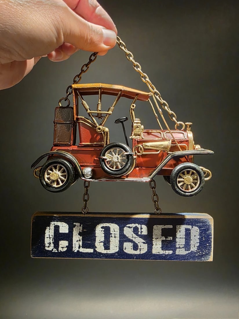 8" Wooden Open / Closed Hanging Sign Classic Car Design: 8" Tall overall, 7" Wide Crafted with a rustic wood finish and metal chain hangers, the piece recalls early 20th century storefront signage, when simple, hand lettered signs let customers know when