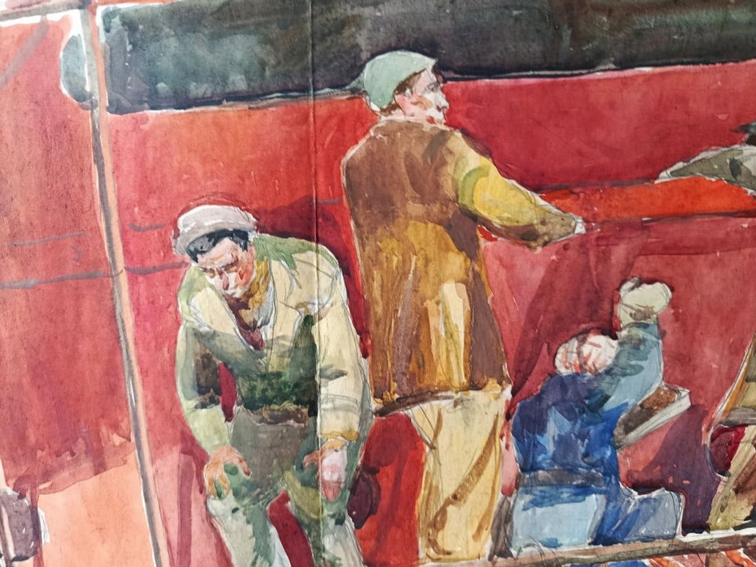 Watercolor painting People at a construction site Unknown artist - 3